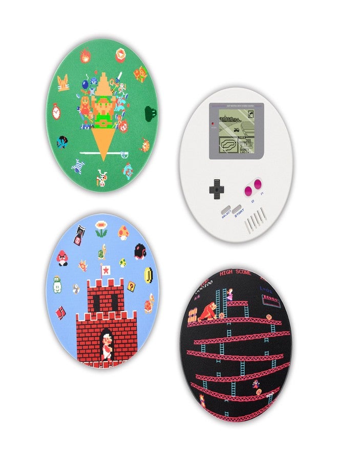 Pounchi Retro Video Game Coasters (4 Pack) Round Ceramic Absorbent Coasters with Cork Base Retro Pixel Style Merch for Game Lovers Teens - Image 1